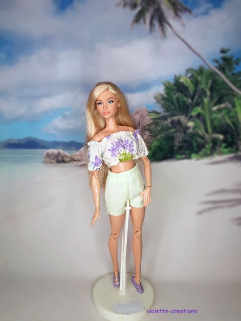 Tenue poupée Barbie top et short coton lavande provençale