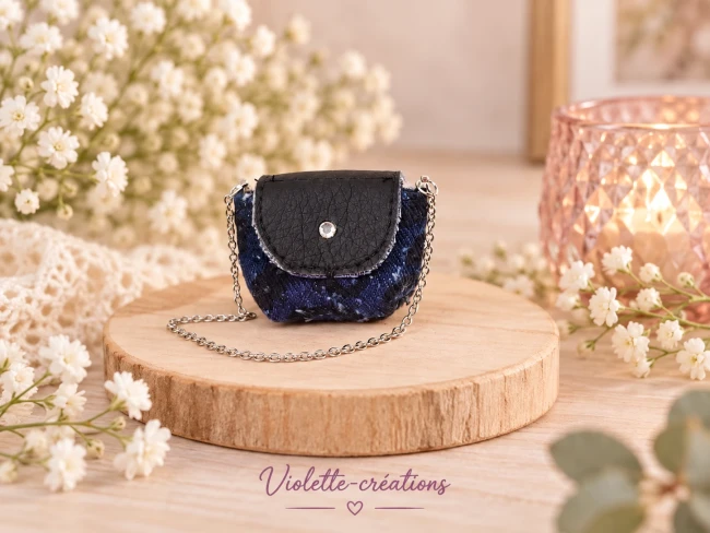 mini-sac-indigo-pour poupee-barbie Sac à main miniature en jean léopard bleu indigo, rabat en simili cuir noir avec strass et bandouliÚre en chaßne argentée pour poupée mannequin type Barbie.