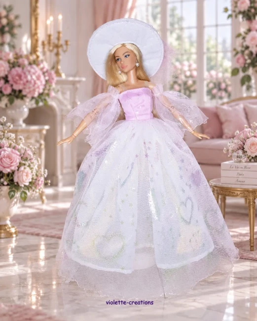 Robe de princesse rose et blanche pour poupée Barbie – Option chapeau – Violette Créations Robe de princesse rose et blanche pour poupée Barbie. Tulle scintillant, sac cœur inclus. Disponible : robe seule, chapeau seul ou ensemble complet.