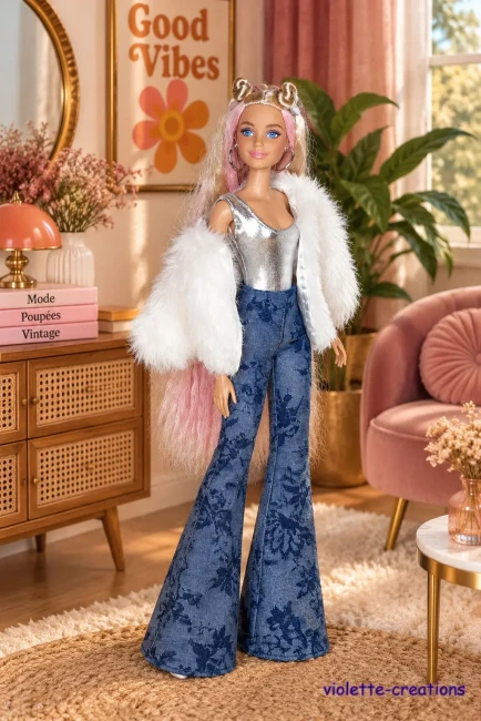 Tenue Mode Barbie : Veste en Fausse Fourrure et Jean Floral Poupée Barbie habillée d'une veste en fausse fourrure blanche, d'un haut argenté et d'un jean évasé avec un motif floral
