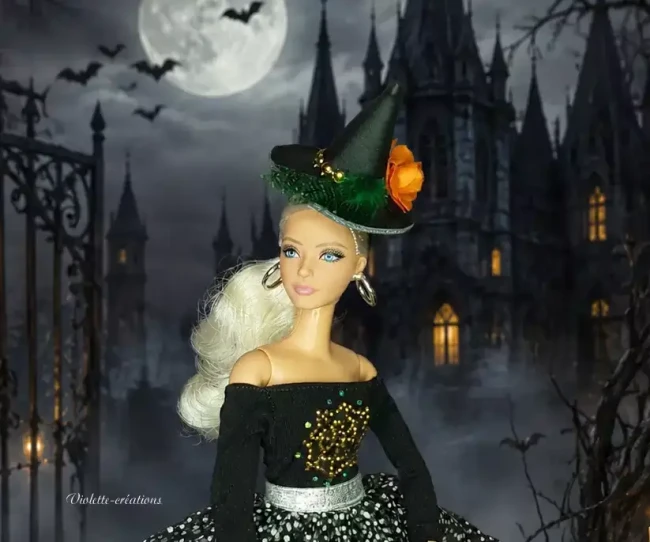 Tenue de sorcière Halloween pour poupée type Barbie avec jupe en tulle à pois et chapeau pointu Violette Créations