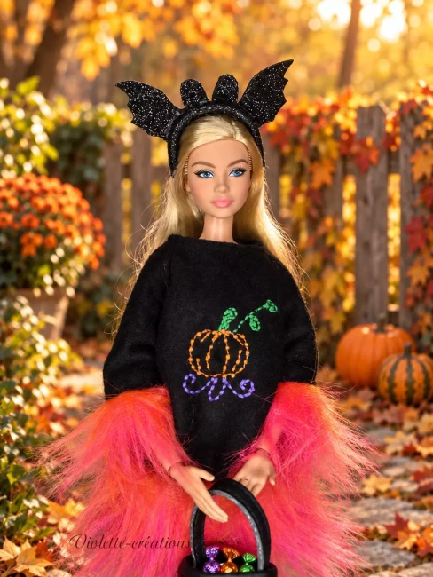 tenue-halloween-poupee-barbie (3) Détail de la citrouille brodée orange, verte et violette sur un haut en suédine noire, avec serre-tête chauve-souris pailleté pour poupée mannequin.