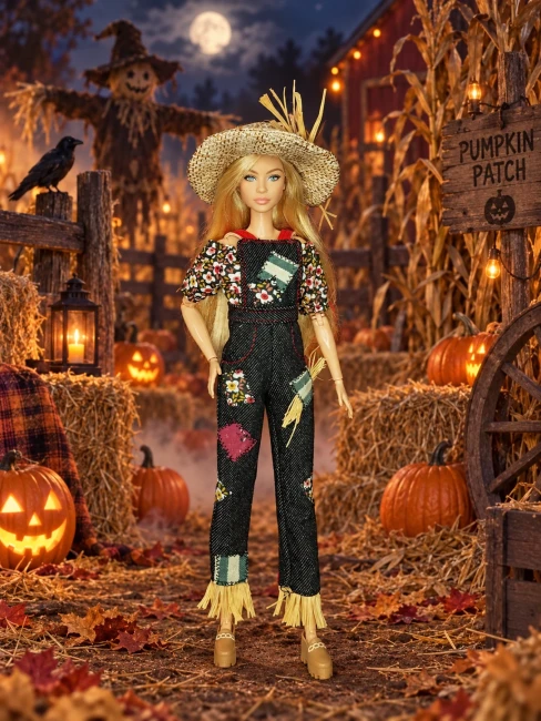 poupee_Barbie-epouvantail_halloween Tenue épouvantail Halloween pour poupée mannequin 29 cm type Barbie avec salopette noire patchwork, blouse fleurie et chapeau effet paille