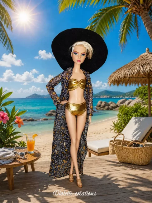 Maillot de Bain Doré & Kimono de Plage pour Poupée Mannequin type Barbie5 Poupée mannequin type Barbie portant un maillot de bain 2 pièces doré brillant et un long kimono de plage transparent