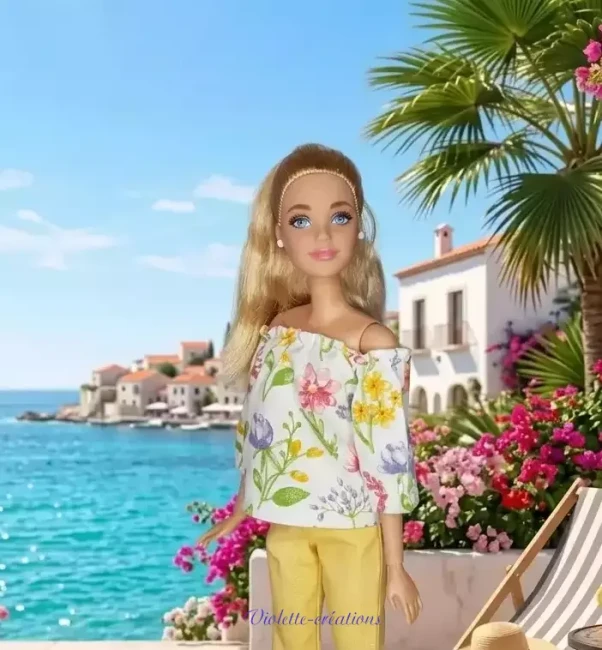 Poupée Barbie en tenue estivale fleurie et pantalon jaune Poupée barbie avec une tenue décontractée estivale composée d'un haut fleuri et d'un pantalon jaune.