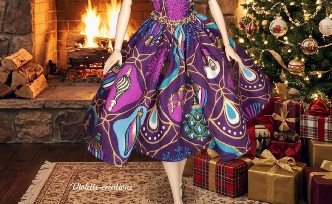 Poupée Barbie avec robe violette de Noël à motifs de boules de Noel, bordée de fourrure blanche