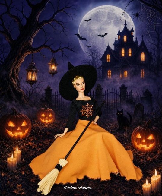 Robe de sorcière Harmonie pour poupée mannequin , déguisement halloween Robe de sorcière jupe évasée ornage ,justaucorps noir, balaie chapeau pour poupée barbie
