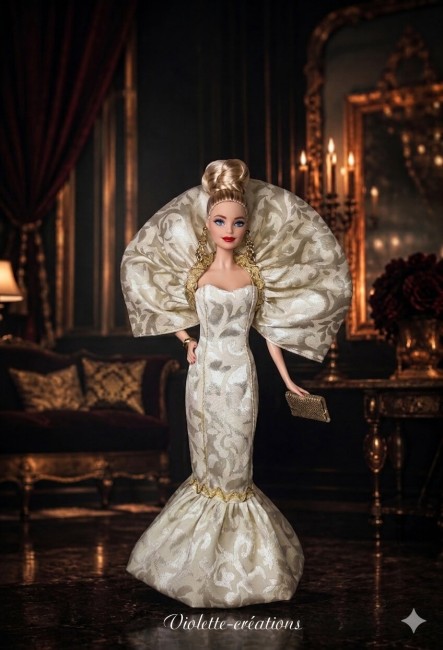 Poupée Barbie de collection en robe de soirée sirène dorée et argentée, posant dans un salon de luxe feutré avec chandeliers.
