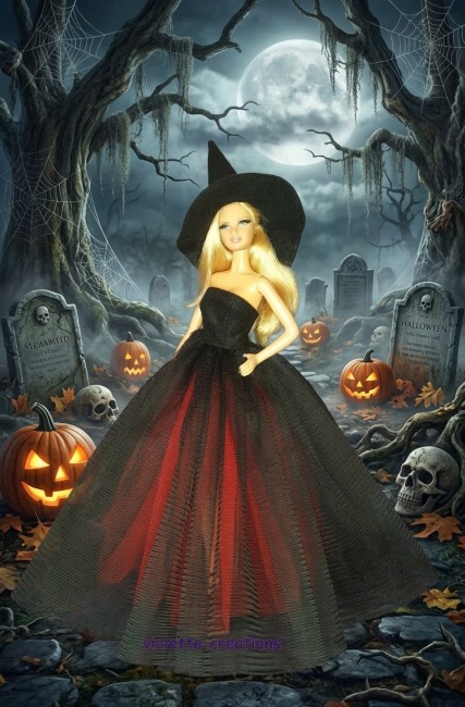 Poupée Barbie en robe de sorcière rouge et noire avec chapeau et balai,