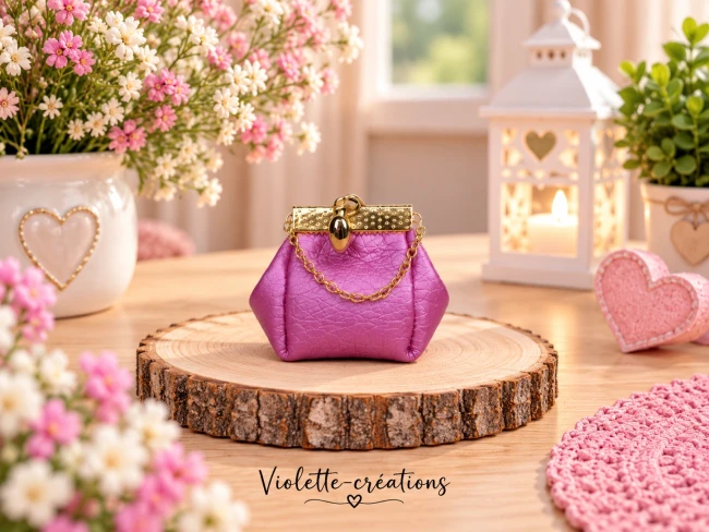 sac-fushia-pour-poupee-Barbie (2) Sac Ă main miniature rose fuchsia en simili cuir texturĂ©, avec fermoir, pendentif cĆur et chaĂźnette dorĂ©s pour poupĂ©e mannequin 29 cm type Barbie.