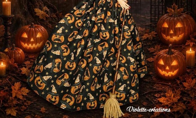 Robe de sorcière Cornélia pour poupée barbie , déguisement halloween Déguisement Halloween avec robe en coton, motifs de citrouilles, chapeau en feutrine noir avec chauve-souris pailletée, étole en fausse fourrure noir et balai de sorcière miniature.
