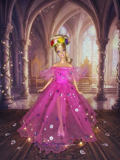 Robe de princesse fuchsia scintillante avec serre-tête fleurs multicolores pour poupée type Barbie