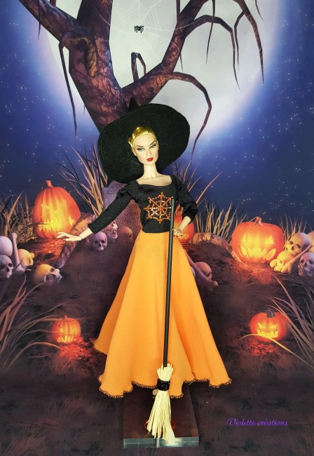 Robe de sorcière jupe évasée ornage ,justaucorps noir, balaie chapeau pour poupée barbie