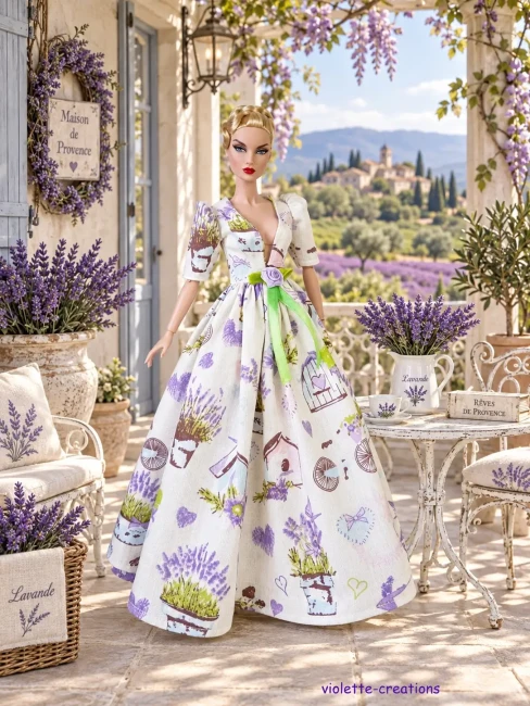 Robe poupée Barbie coton provençal avec rose en ruban robe poupée Barbie coton provençal rose ruban