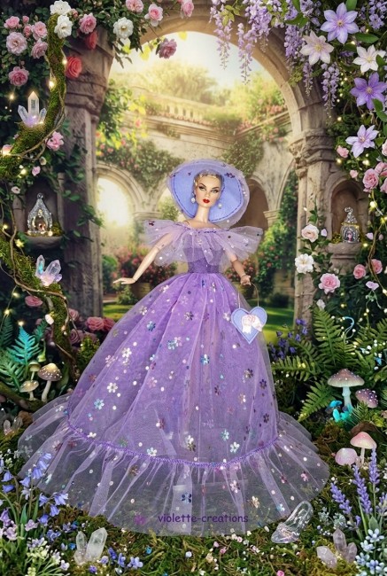 Robe princesse lilas en tulle avec fleurs scintillantes pour poupée Barbie