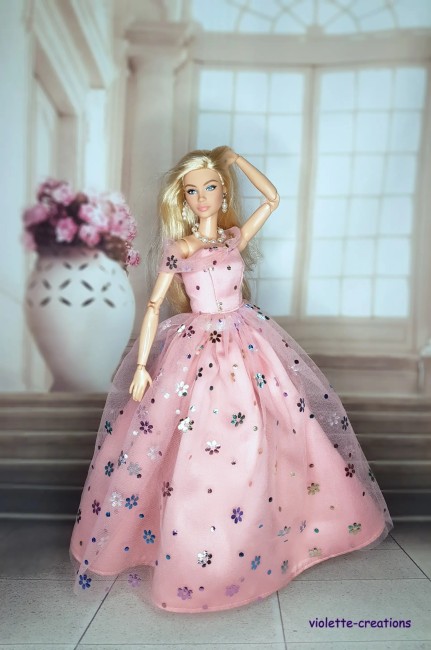 Robe de princesse rose pour poupée  Barbie, avec tulle fleuri scintillant saumon