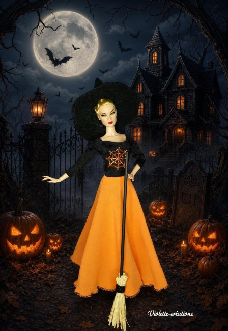 Robe de sorcière Harmonie pour poupée mannequin , déguisement halloween Robe de sorcière jupe évasée ornage ,justaucorps noir, balaie chapeau pour poupée barbie