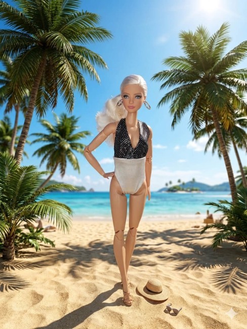 Maillot de Bain Chic & Scintillant pour poupée type barbie Maillot de bain une-piÚce bicolore noir scintillant et blanc pour poupée mannequin, présenté sur une plage tropicale avec des palmiers.