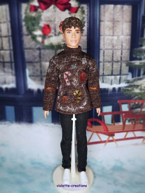 ? Pull de Noël marron en coton pour poupée Ken