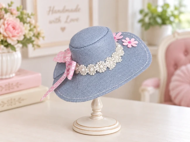 chapeau feutrine gris fleurs roses pour poupée Barbie