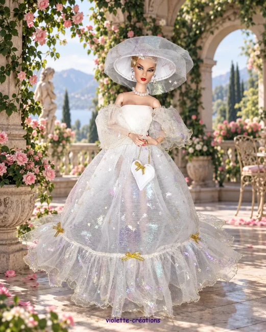 Robe princesse blanche en tulle scintillant pour poupée type Barbie avec chapeau, sac cœur et bijoux