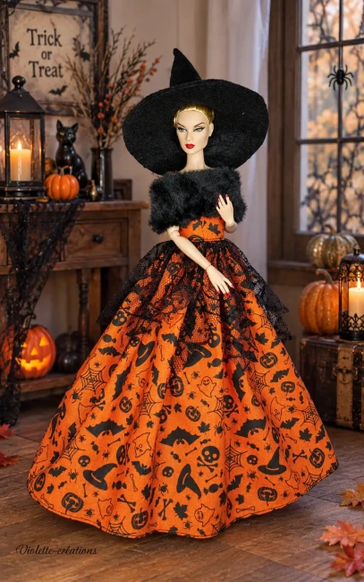 robe halloween déguisement sorcière pour poupée mannequin type barbie robe sorcière barbie ,étole noir fausse fourrure, chapeau de sorcière en feutrine noir