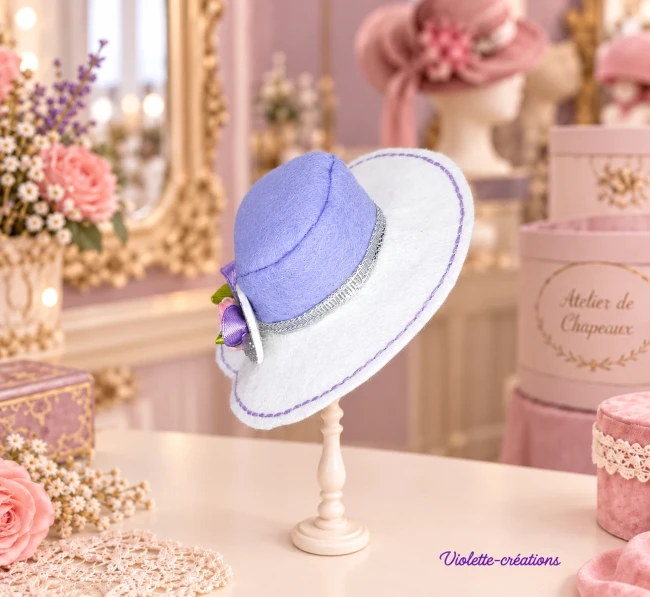 Chapeau Capeline en Feutrine Bicolore avec Roses et Paillettes pour Poupée Barbie, Fashion Royalty Chapeau capeline en feutrine blanche et violette avec roses, paillettes et ruban pour poupées Barbie et Fashion Royalty