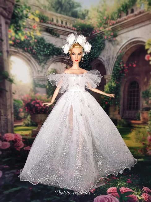 Robe de princesse féerique en tulle étoilé blanc pour poupée 30 cm par Violette-créations