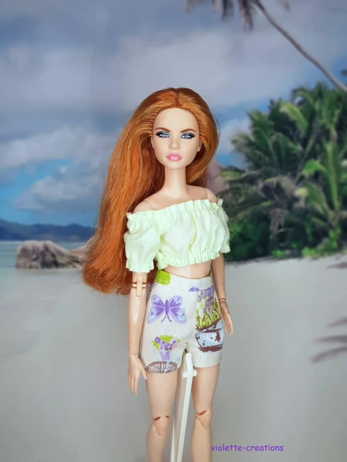 Tenue poupĂ©e Barbie Ă©tĂ© lavande â short et top coton Ensemble short et top coton lavande provençale pour poupĂ©e type Barbie