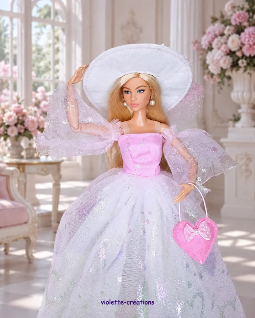 Robe de princesse rose et blanche pour poupée Barbie – Option chapeau – Violette Créations Robe de princesse rose et blanche pour poupée Barbie. Tulle scintillant, sac cœur inclus. Disponible : robe seule, chapeau seul ou ensemble complet.