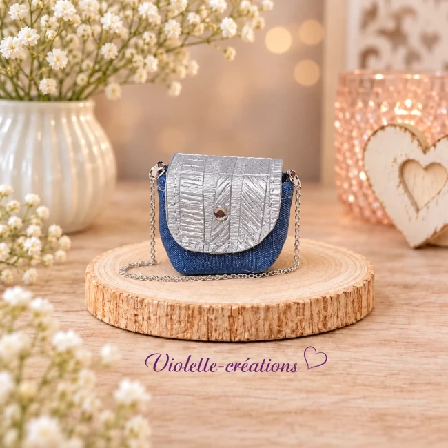 sac-poupee-Barbie-Violette-creations Sac à main miniature en denim bleu pailleté avec rabat en simili cuir argenté texturé, strass et chaßnette argentée pour poupée mannequin 29 cm.