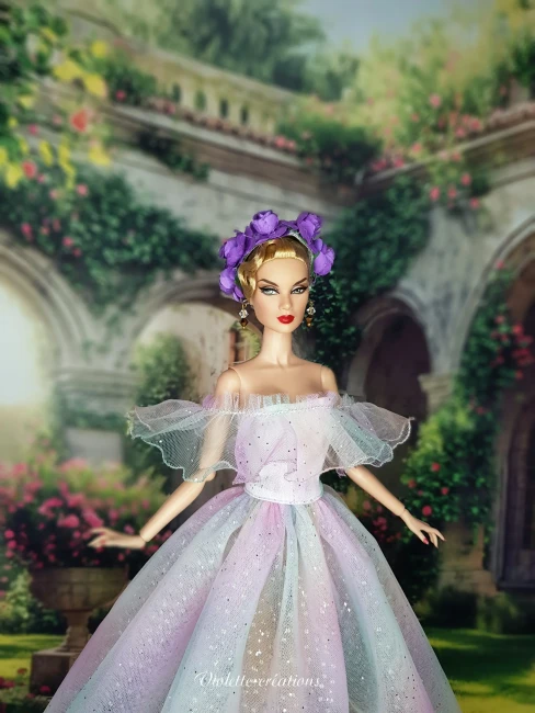 Robe féerique en tulle arc-en-ciel avec jupon pailleté et serre-tête roses violettes pour poupée barbie