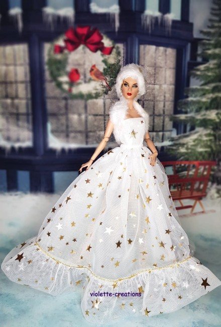 Robe princesse en organza blanc avec étoiles dorées et étole en fourrure pour poupée Barbie