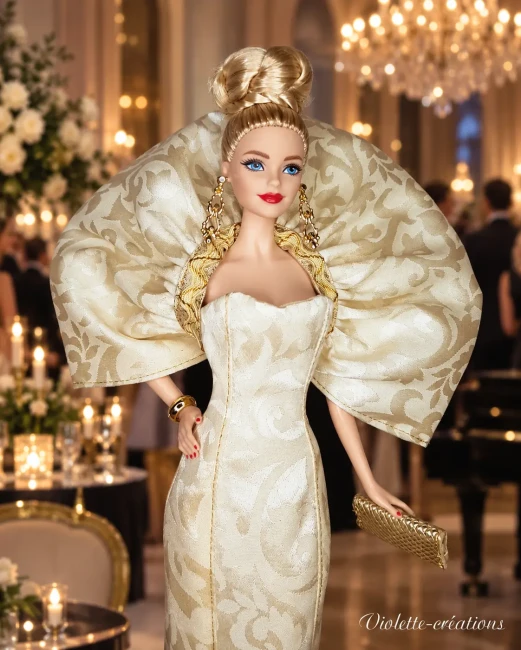 Robe de Soirée Royale - Collection Haute Couture pour Poupée mannequin type Barbie Poupée Barbie de collection en robe de soirée sirène dorée et argentée, posant dans un salon de luxe feutré avec chandeliers.