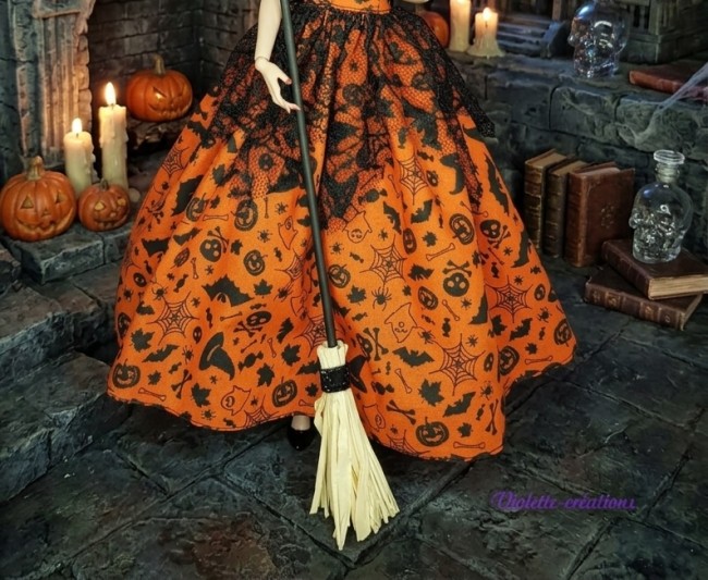 robe halloween déguisement sorcière pour poupée mannequin type barbie robe sorcière barbie ,étole noir fausse fourrure, chapeau de sorcière en feutrine noir