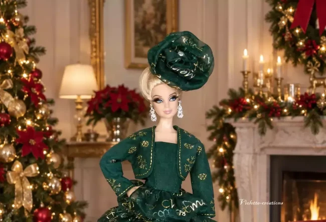 tenue-de-fete-noel-pour-poupee-Barbie.2webp Ensemble vert et or pour poupée mannequin 29 cm type Barbie avec jupe et bibi en organza