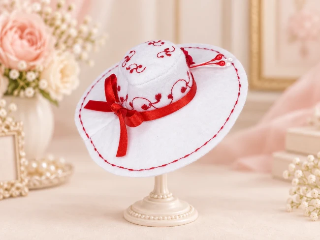 Chapeau capeline blanc miniature pour poupée Barbie avec broderies rouges, rose rouge et surpiqûres