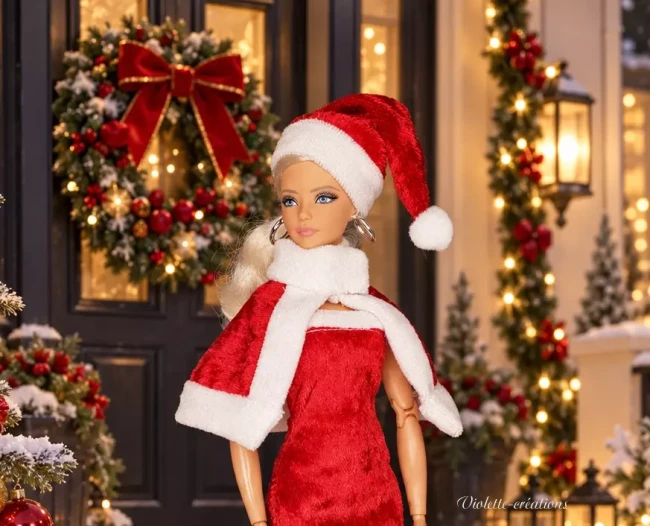 poupée_en_robe_de_noël_devant_une_porte_illuminée2 Tenue MÚre Noël en panne de velours rouge avec robe cape bonnet et sac pour poupée mannequin 29 cm type Barbie