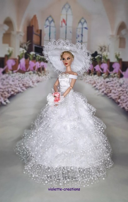 Robe de mariée princesse en dentelle pour poupée Barbie avec chapeau et bouquet