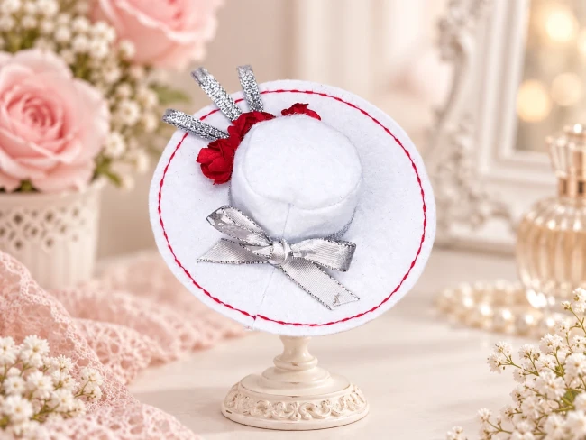 Chapeau Blanc, Roses Rouges et Argent Poupée Barbie | violette-creations Capeline blanche pour poupée Barbie avec roses rouges, surpiqûres rouges et nœuds argentés
