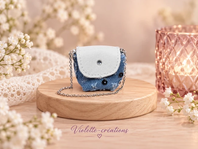 mini-sac-jean-paillette-pour poupee-barbie Sac à main miniature en jean bleu pailleté avec sequins, rabat blanc en simili cuir et chaßnette argentée pour poupée mannequin type Barbie.
