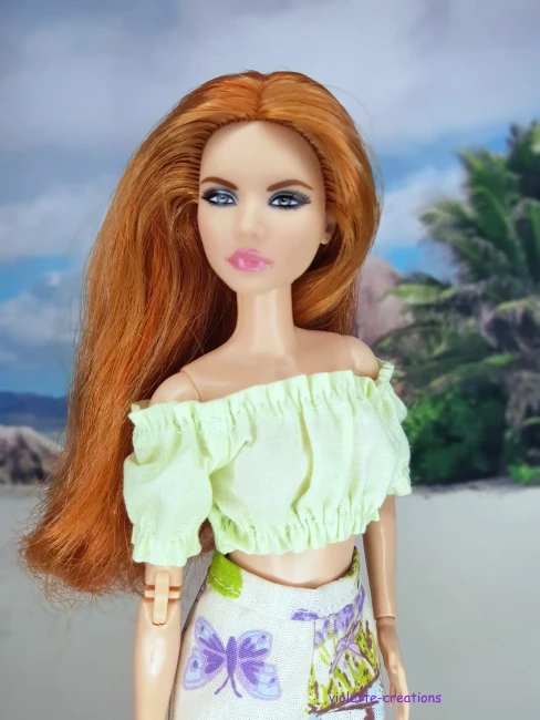 Tenue poupĂ©e Barbie Ă©tĂ© lavande â short et top coton Ensemble short et top coton lavande provençale pour poupĂ©e type Barbie