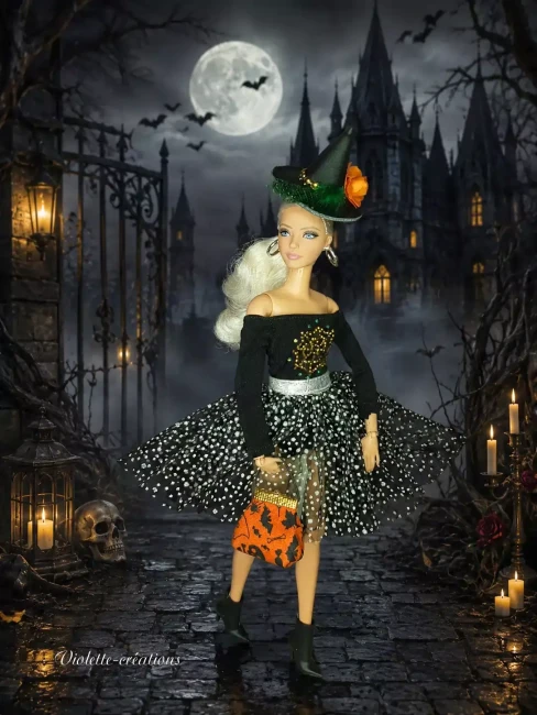 Tenue de sorcière Halloween pour poupée type Barbie avec jupe en tulle à pois et chapeau pointu Violette Créations