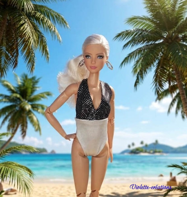 Maillot de Bain Chic & Scintillant pour poupée type barbie-001 Maillot de bain une-piÚce bicolore noir scintillant et blanc pour poupée mannequin, présenté sur une plage tropicale avec des palmiers.