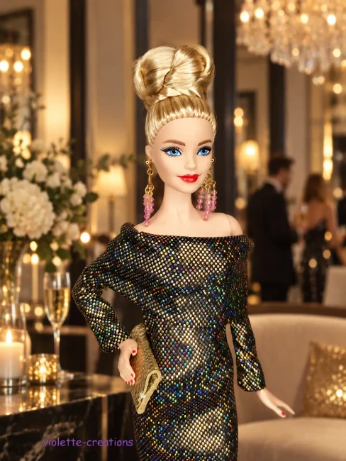 Robe de Soirée Poupée Barbie - Jersey Hologramme Or et Noir Robe de soirée fourreau pour poupée mannequin en jersey hologramme or et noir avec reflets multicolores