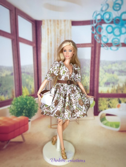 robe-en-coton-fleurie-pour-poupee-barbie (2) Robe fleurie en coton et ceinture en simili marron pour poupée mannequin - Violette-créations