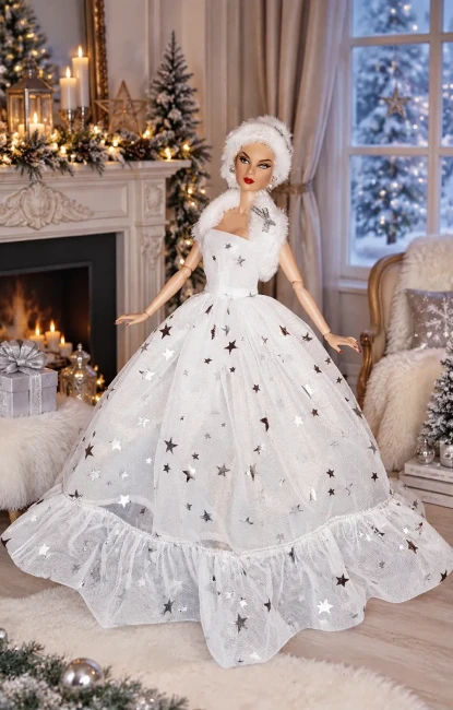 Robe princesse poupée Barbie étoilée en organza blanc Robe princesse en organza blanc avec étoiles argentées et étole en fourrure pour poupée Barbie