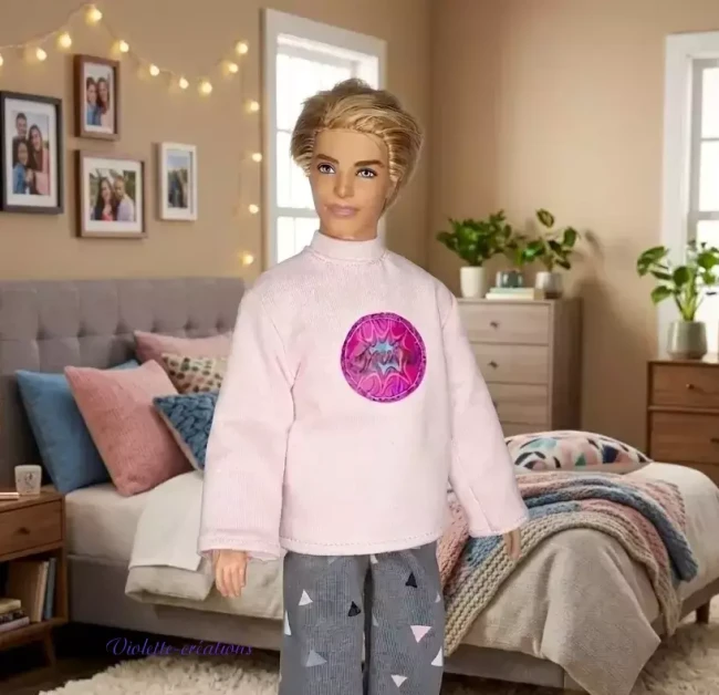 Pyjama Coton Rose & Gris • Tenue de Nuit Poupée mannequin type Ken (2) Pyjama en coton 2 pièces pour poupée type Ken, haut rose uni et pantalon gris imprimé géométrique, portant l'étiquette 'Violette-créations