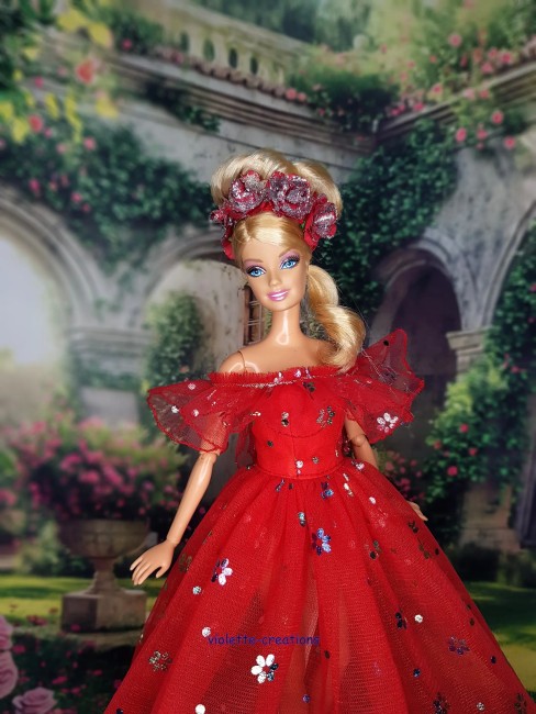 Robe de princesse rouge scintillante avec serre-tête roses rouge argenté pour poupée type Barbie