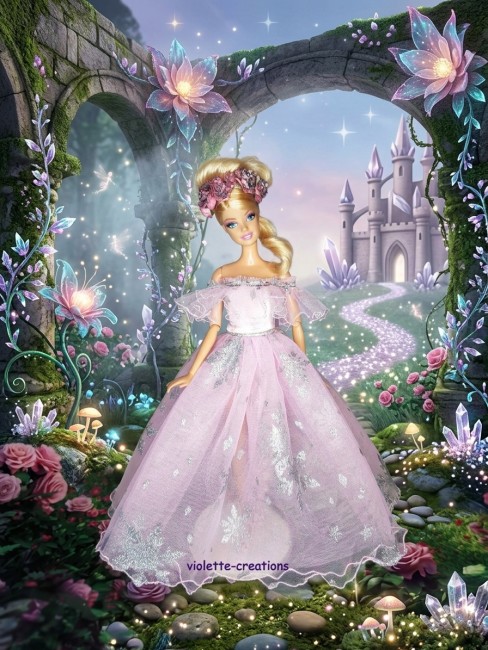 Robe de princesse rose scintillante avec serre-tête fleurs rose argenté pour poupée type Barbie